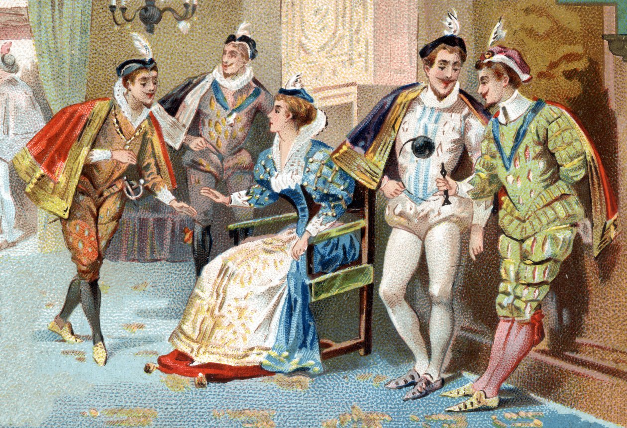 Palais du Louvre under Henry IIIs regjeringstid (1500-tallet): unge menn fra kongens hoff. Kromolitografi på slutten av 1800-tallet. av Unknown artist
