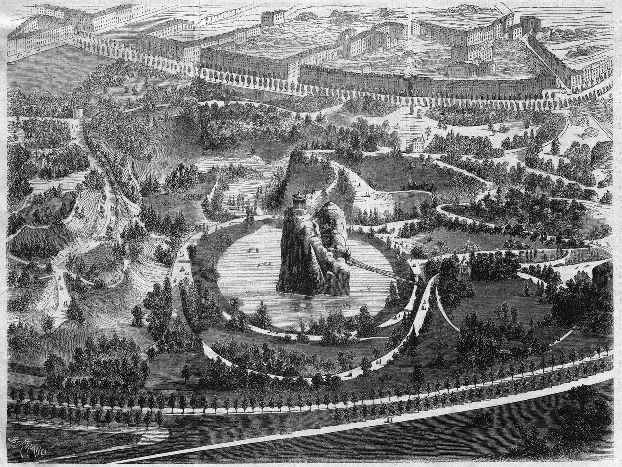 Parc des Buttes Chaumont (Buttes-Chaumont), en offentlig hage i det 19. arrondissementet i Paris bygget under initiativ av Napoleon III, opprettet av Baron Haussmann (Georges Eugene Haussmann av Unknown artist