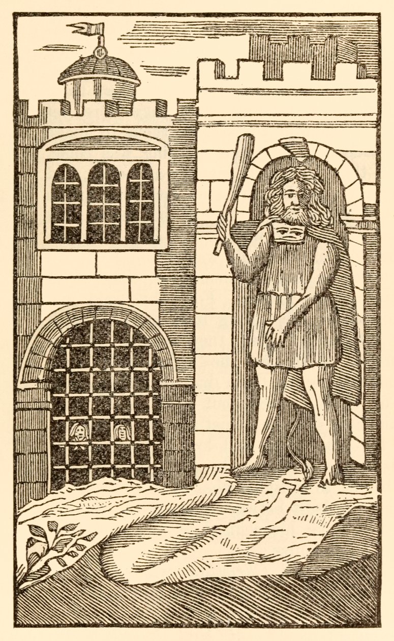 Pilegrimene nå, for å tilfredsstille kjødet fra Pilegrimenes fremgang fra denne verden, til det som skal komme av John Bunyan (1628-1688) Christian and Hopeful sovner og blir tatt til fange av kjempen o av Unknown
