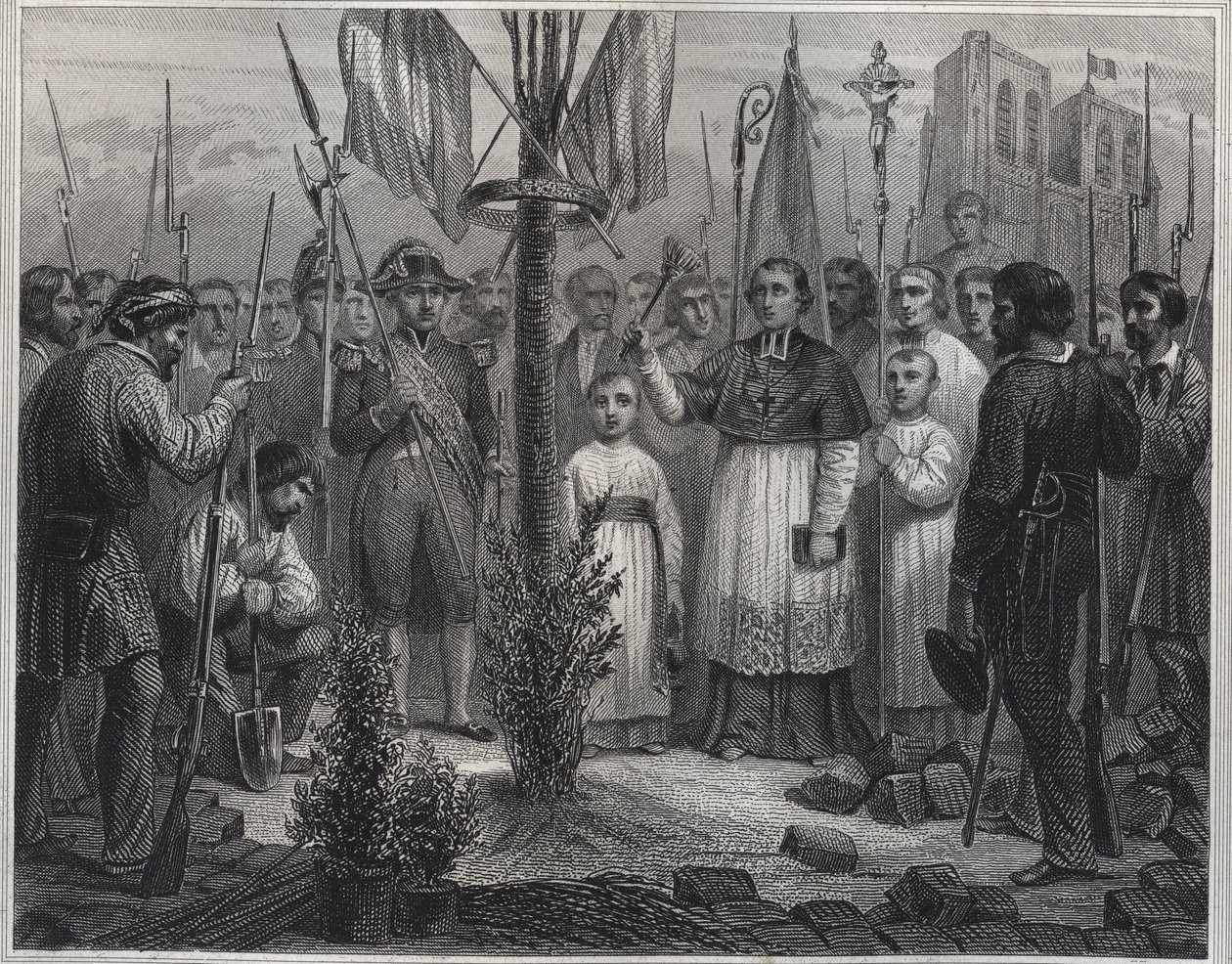 Plantasjen til et frihetstre under revolusjonen (Liberty pole) - Plantation of a Liberty Tree (poppel) i Frankrike under den franske revolusjonen - Gravering i «Les Fastes Populaires, ou Histoire des acts heroiques du peuple et de son influence av Unknown artist