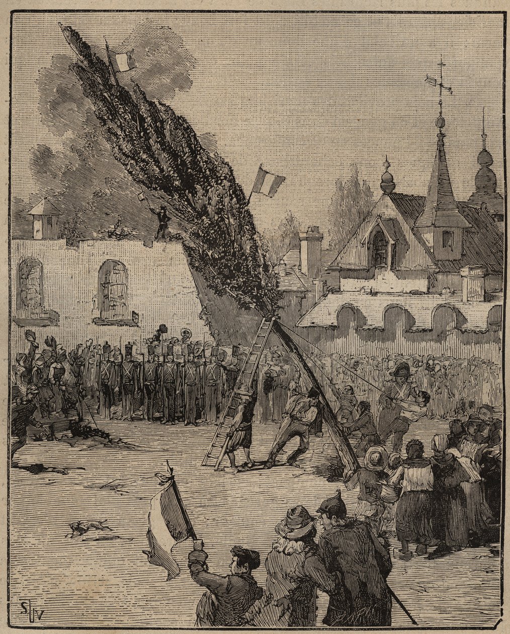 The Plantation of a Liberty Tree under the Revolution (Liberty pole) - Plantation of a Liberty Tree (poppel) i Frankrike. Gravering fra 1885 i "" Les arts et metiers illustres"" av Adolphe BITARD. av Unknown artist