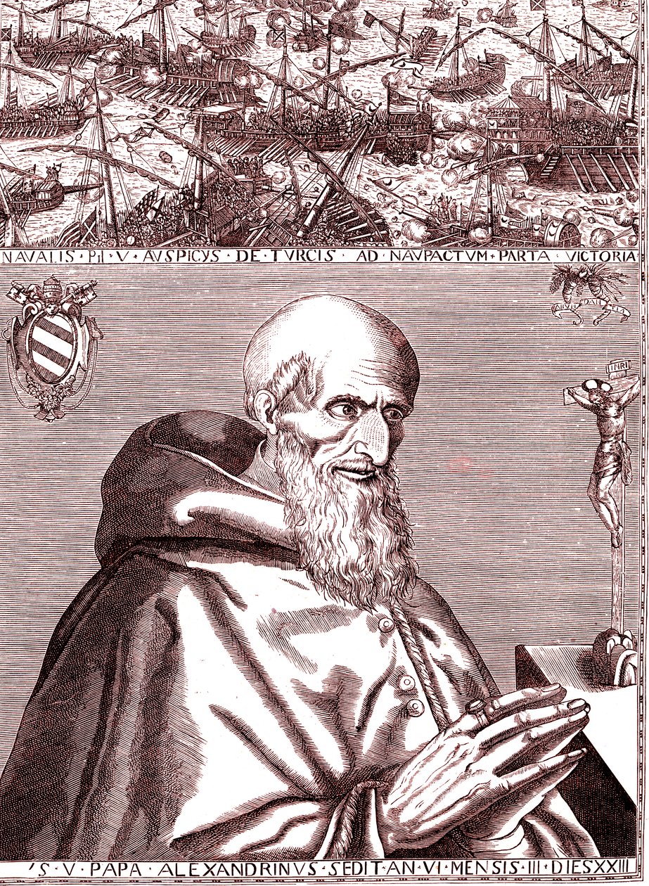 Pave Pius V inngår allianse med den spanske flåten og Venezias italienske flåte mot tyrkerne i slaget ved Lepante i oktober 1571 av Unknown artist