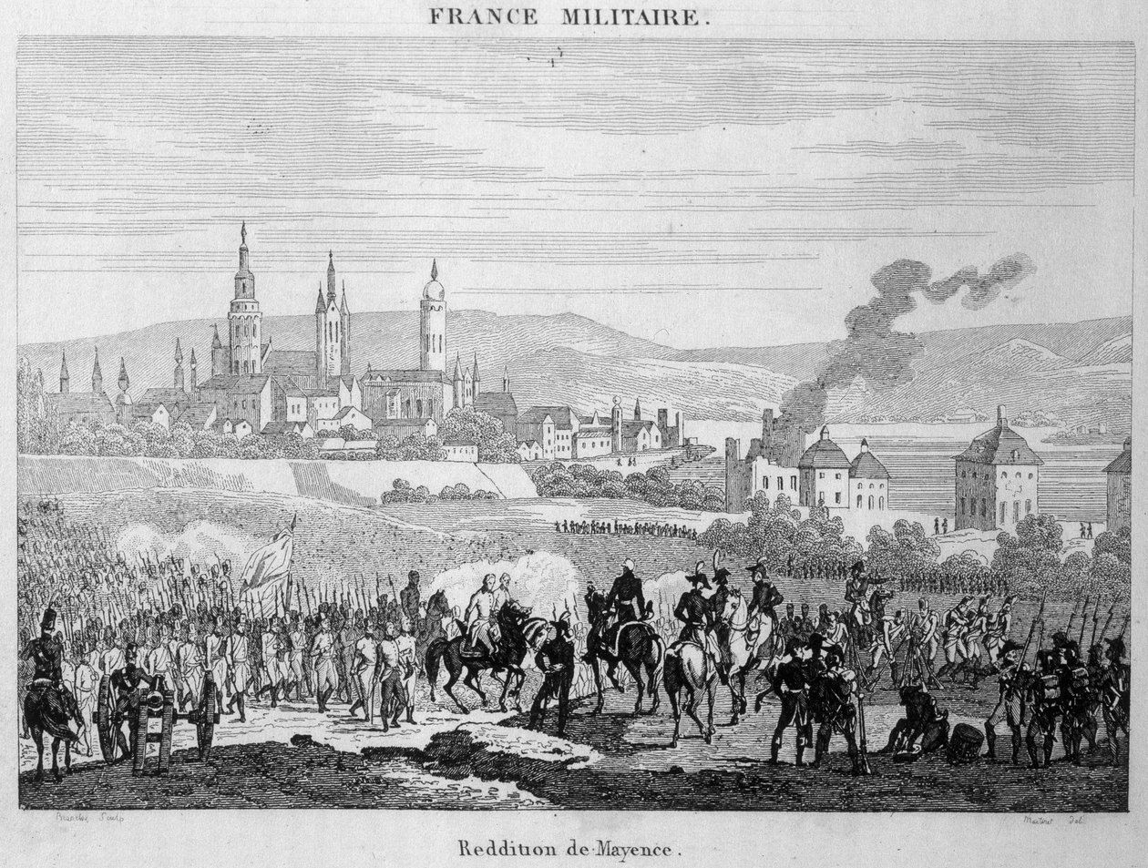 De prøyssiske troppene overtok fra franskmennene byen Mainz (eller Mainz) i Tyskland, juli 1793. Gravering av 1800-tallet. av Unknown artist