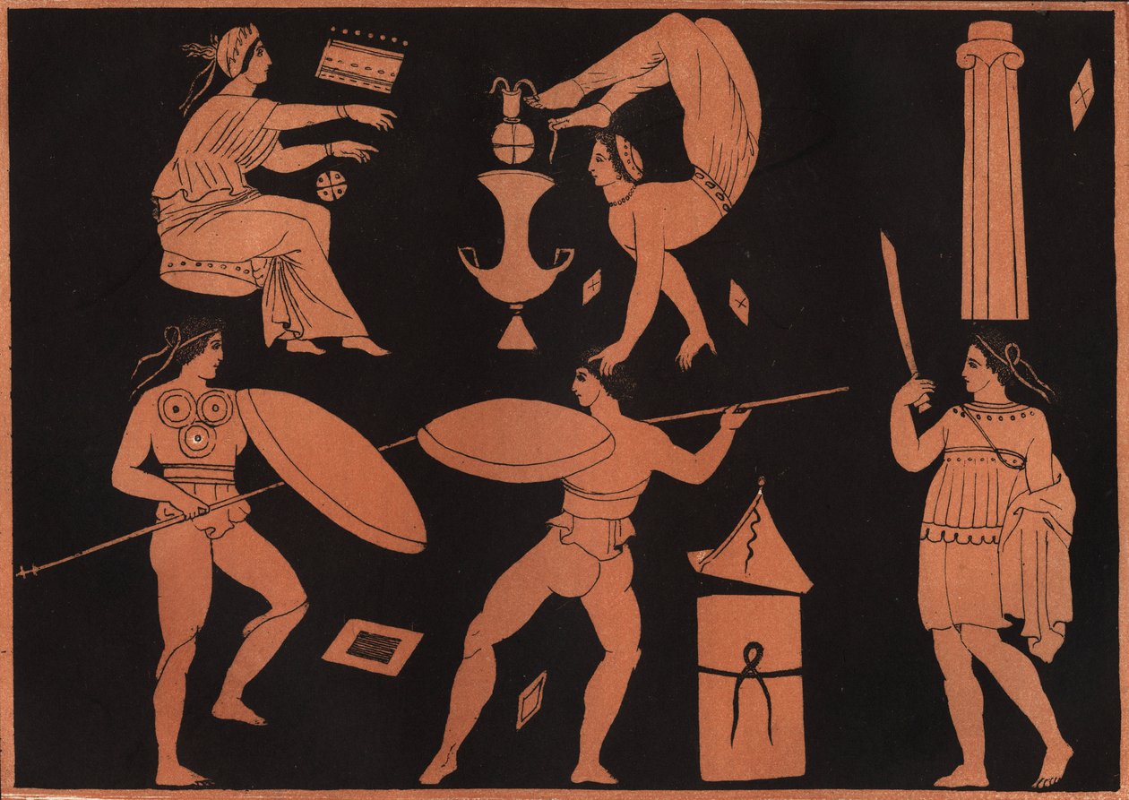 Pyrrhichios-dansen (Pyrrhic-dans) - gravering fra "" skikker og tradisjoner til alle folkeslag i universet. Det vil si historien om regjeringen, lovene, militsen, om religionen til alle nasjoner fra de tidligste tider til i dag "1856 av Unknown artist