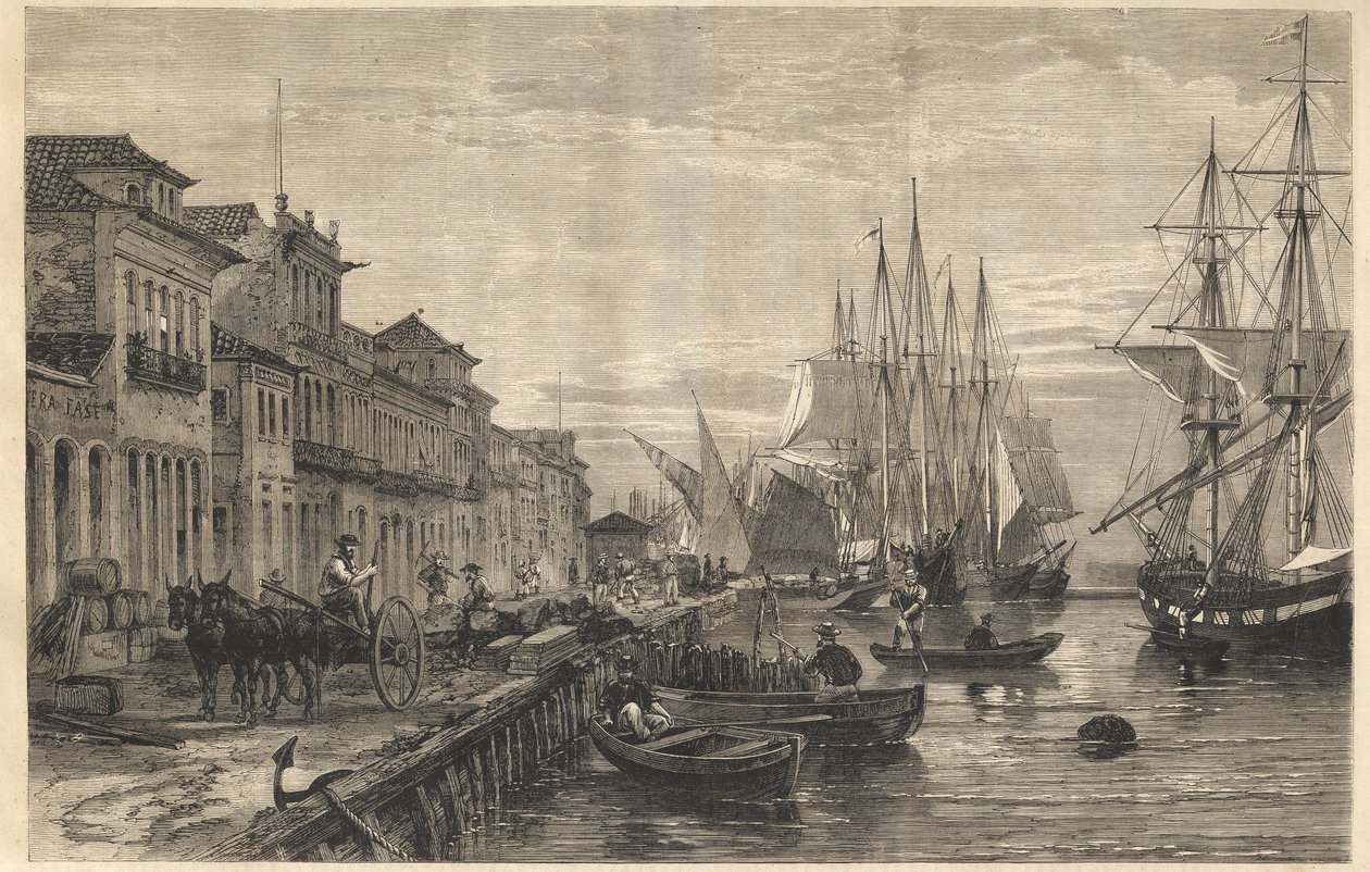 The Quay of Boa Vista, at San Pedro de Rio Grande do Sul, a Seaport of Brazil - Le quai de Belle-Vue, a San Pedro de Rio Grande (Brazil) - Captaincy of Sao Pedro do Rio Grande do Sul - Engraving from “” The Illustrous Universe”” 1866 av Unknown artist