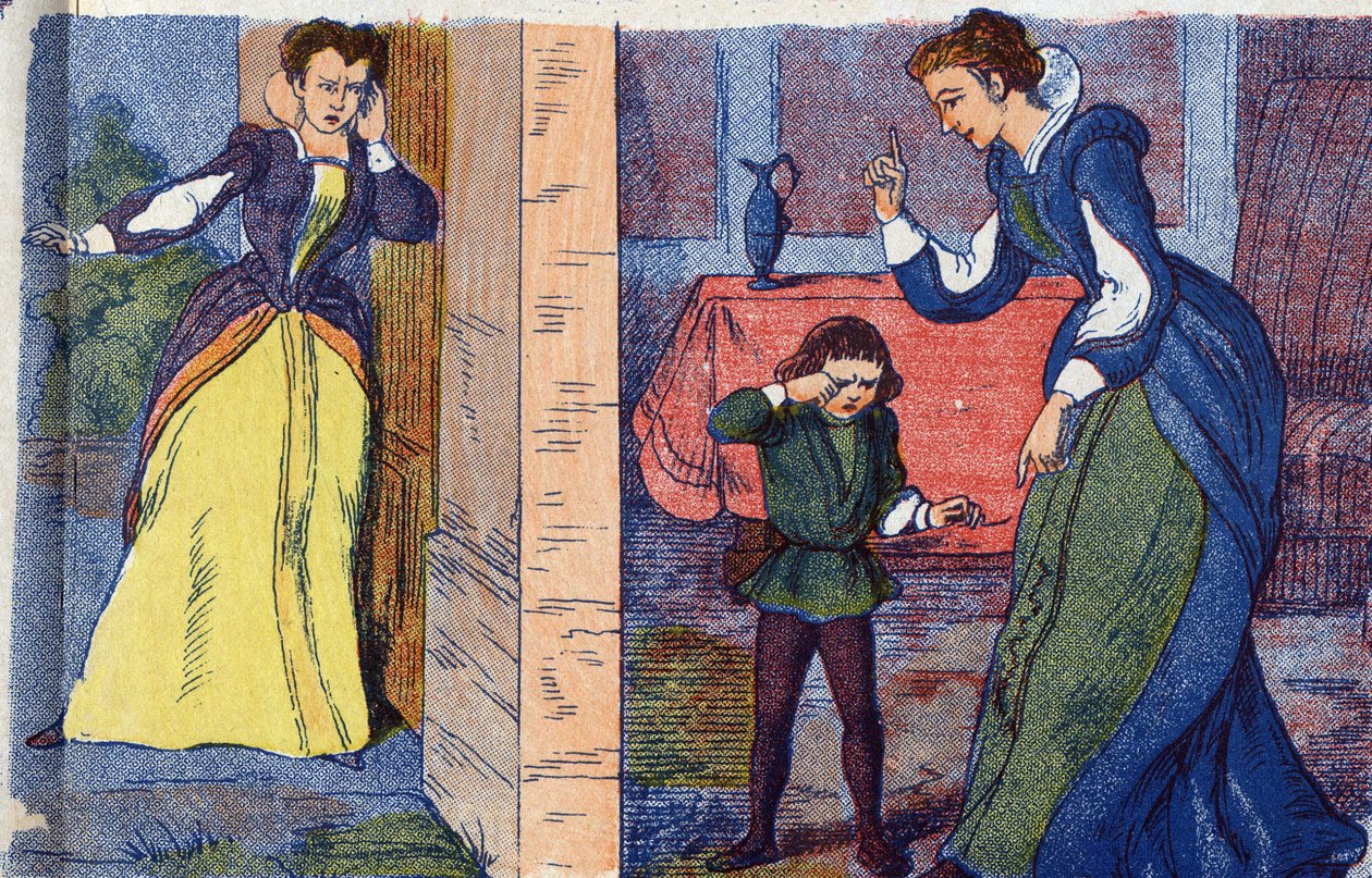 Dronningens mor oppdager pensjonisttilværelsen til dronningen og barna hennes. Anonym illustrasjon for "La belle au bois dormant", fortelling av Charles Perrault (1628-1703), fransk forfatter. Bilder Marcel Vagne, Jarville Nancy, udatert (slutten av 1800-t av Unknown artist