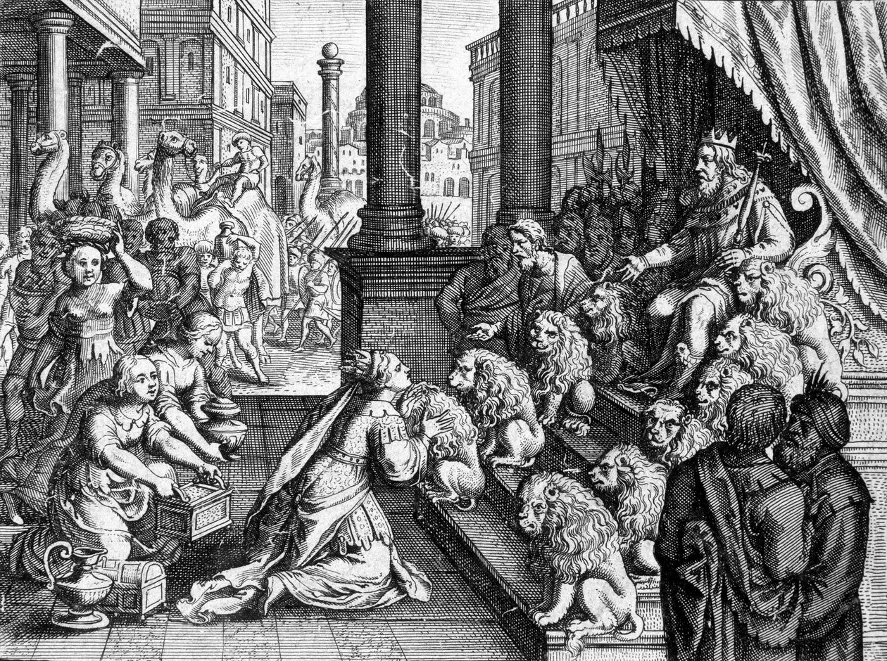 Dronningen av Saba før kong Salomo - gravering fra en bibel fra 1600-tallet av Unknown artist