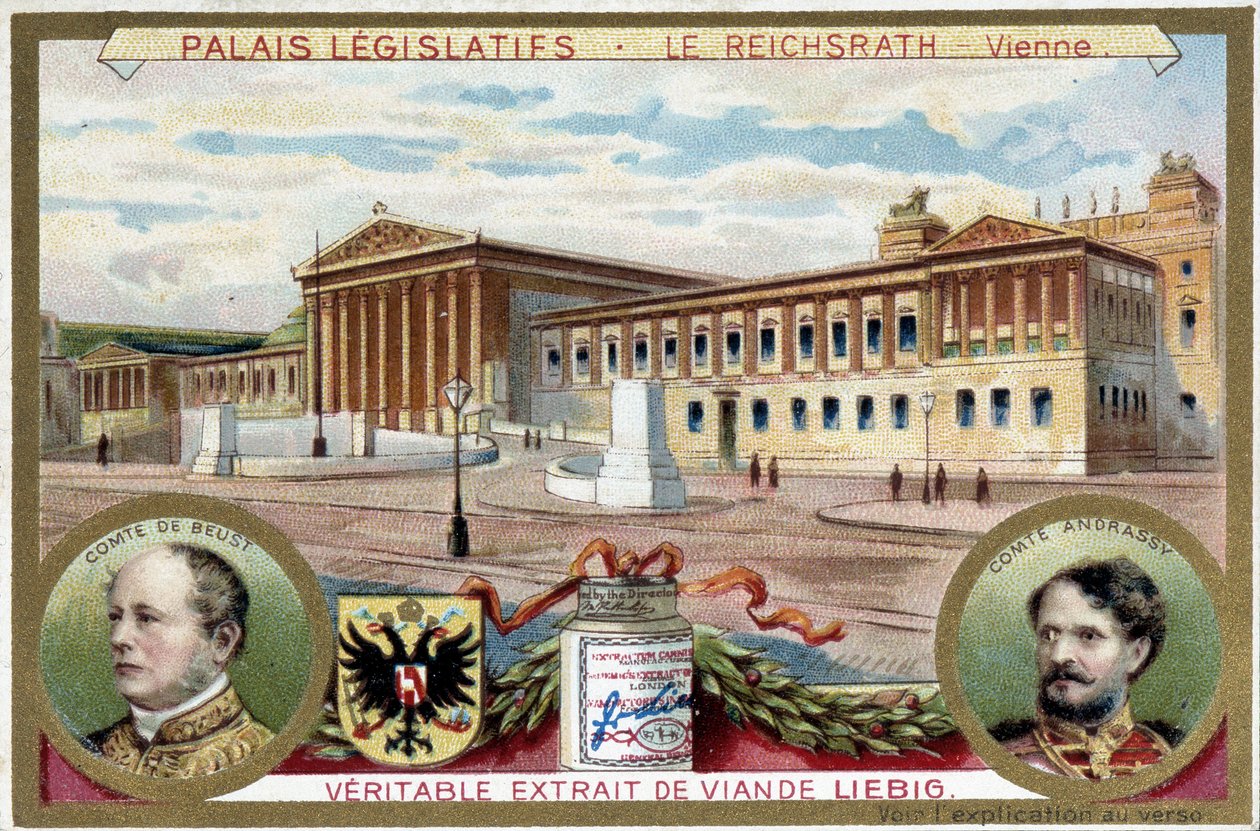 Reichsrath-palasset, Wien (Østerrike), med portretter av grev Friedrich Ferdinand de Beust (1809-1886) og grev Gyula Andrassy (1823-1890) - Liebig-kromolitografi av Unknown artist