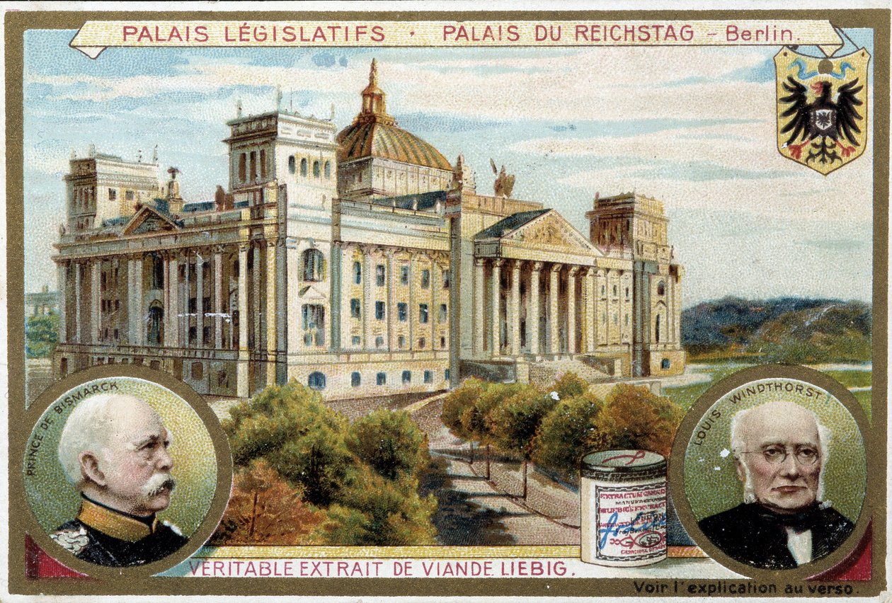 Riksdagspalasset i Berlin, og portretter av Bismarck og Windthorst - Reklamemerket Liébig, v.1900 av Unknown artist