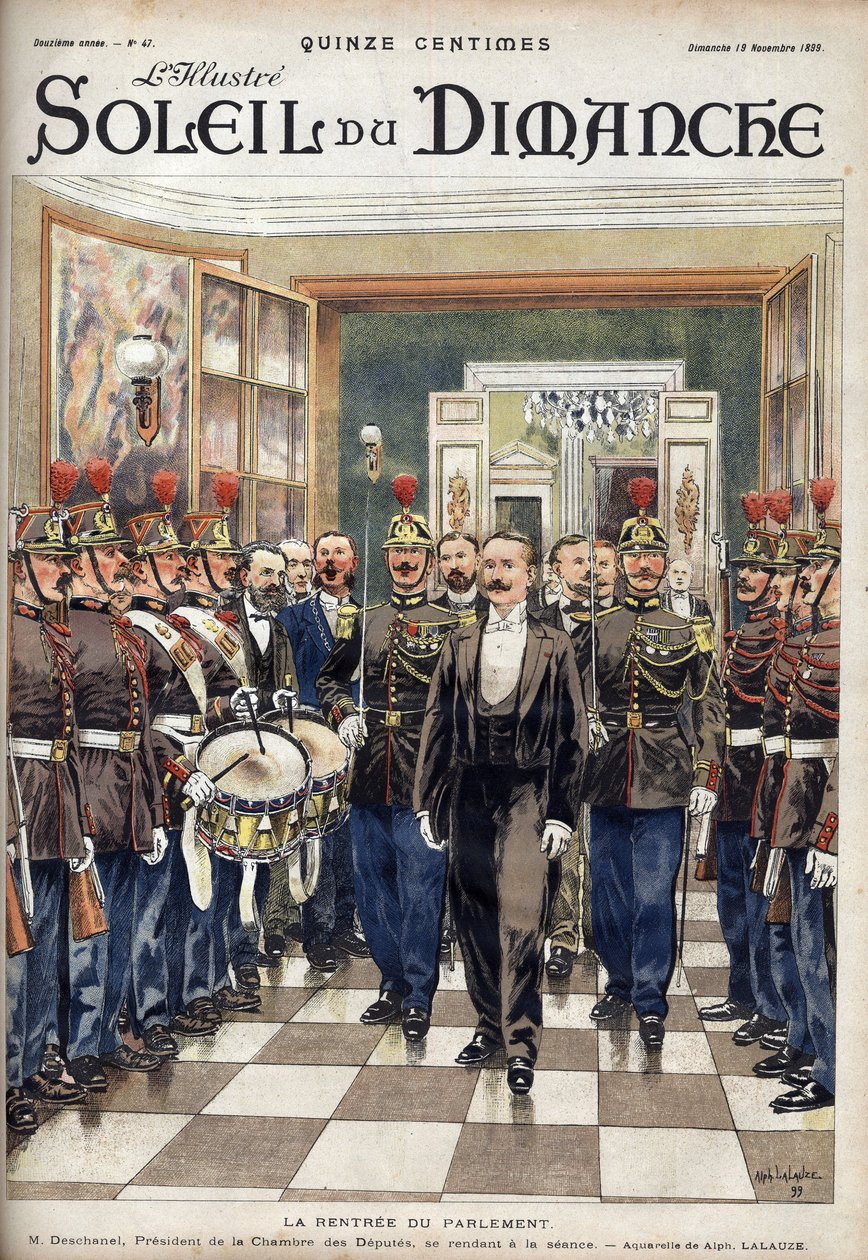 The Rentree of Parliament; Mr. Paul Deschanel (1855-1922), speaker i Deputerthuset til stede i møtet. Gravering i “” Le sun-du-dimanche””, 19. november av Unknown artist