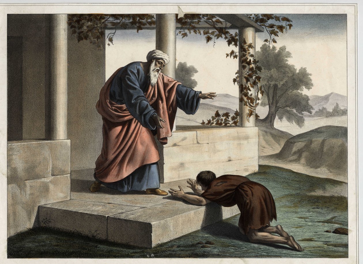 The Return of the Prodigal Son - Lignelsen om den fortapte sønn: det fortapte barnets retur til sin far. Anonym gravering fra midten av 1800-tallet. av Unknown artist