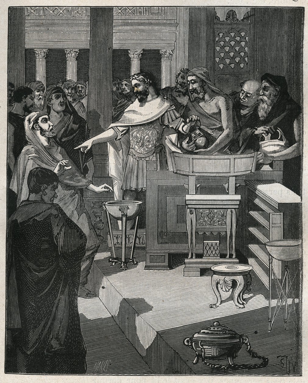 Den romerske keiseren Caligula (12-41) i en brocanter i Romersk Gallia. Gravering fra 1885 i "" Les arts et metiers illustres"" av Adolphe BITARD. av Unknown artist