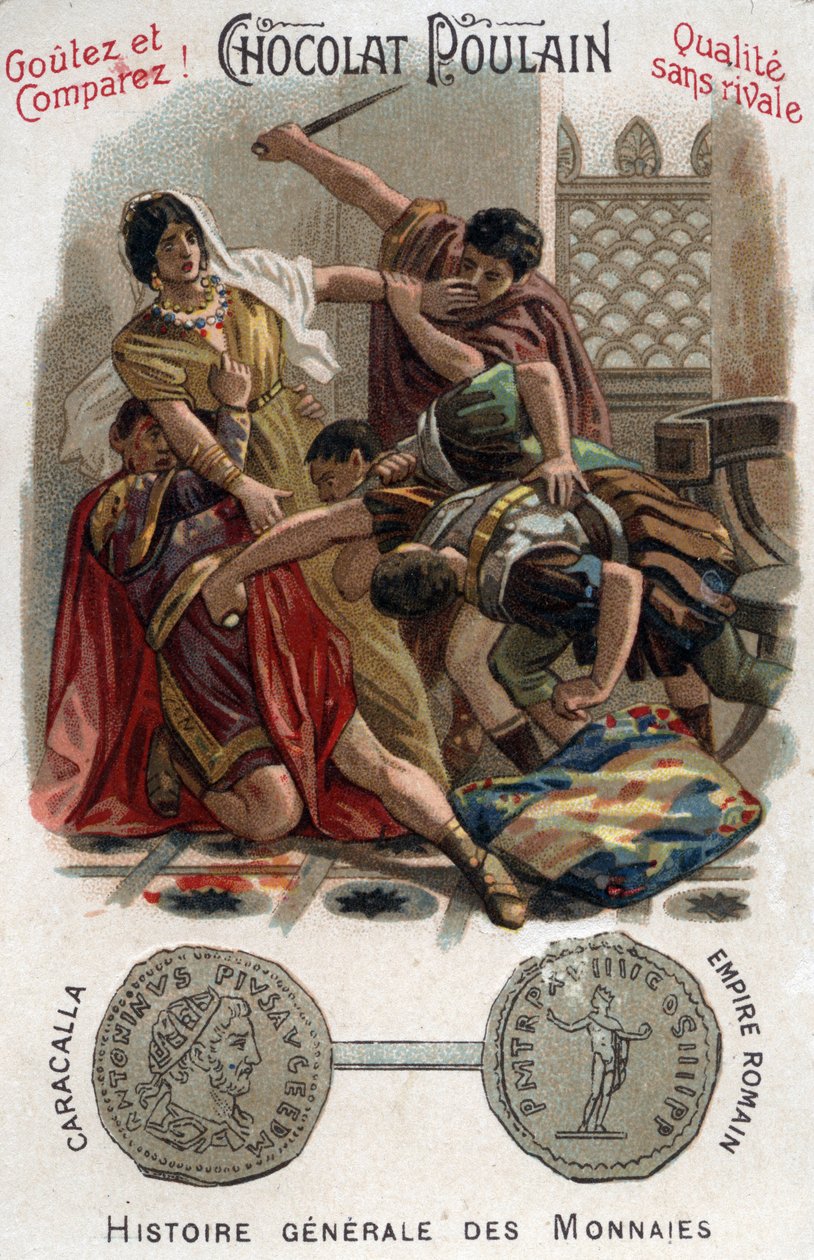 The Roman Emperor Caracalla (188-217) murdered his brother Geta in the arms of his mother. In General History of Coins. Chocolate-foal chromolithography of the end of the 19th century. Private collection. av Unknown artist