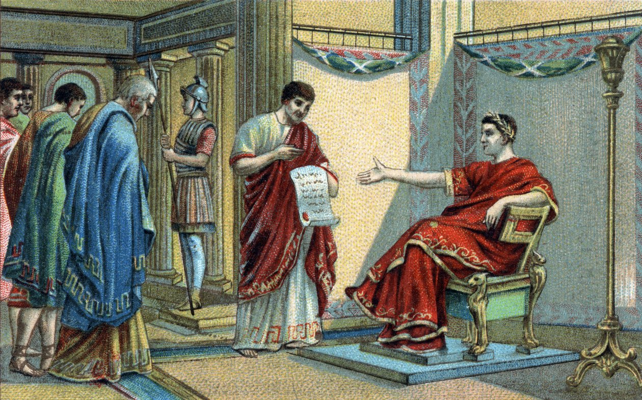 Den romerske keiseren Konstantin (272-337) etablerte de første religiøse lovene angående likestilling av tro. Kromolitografi fra slutten av 1800-tallet. av Unknown artist