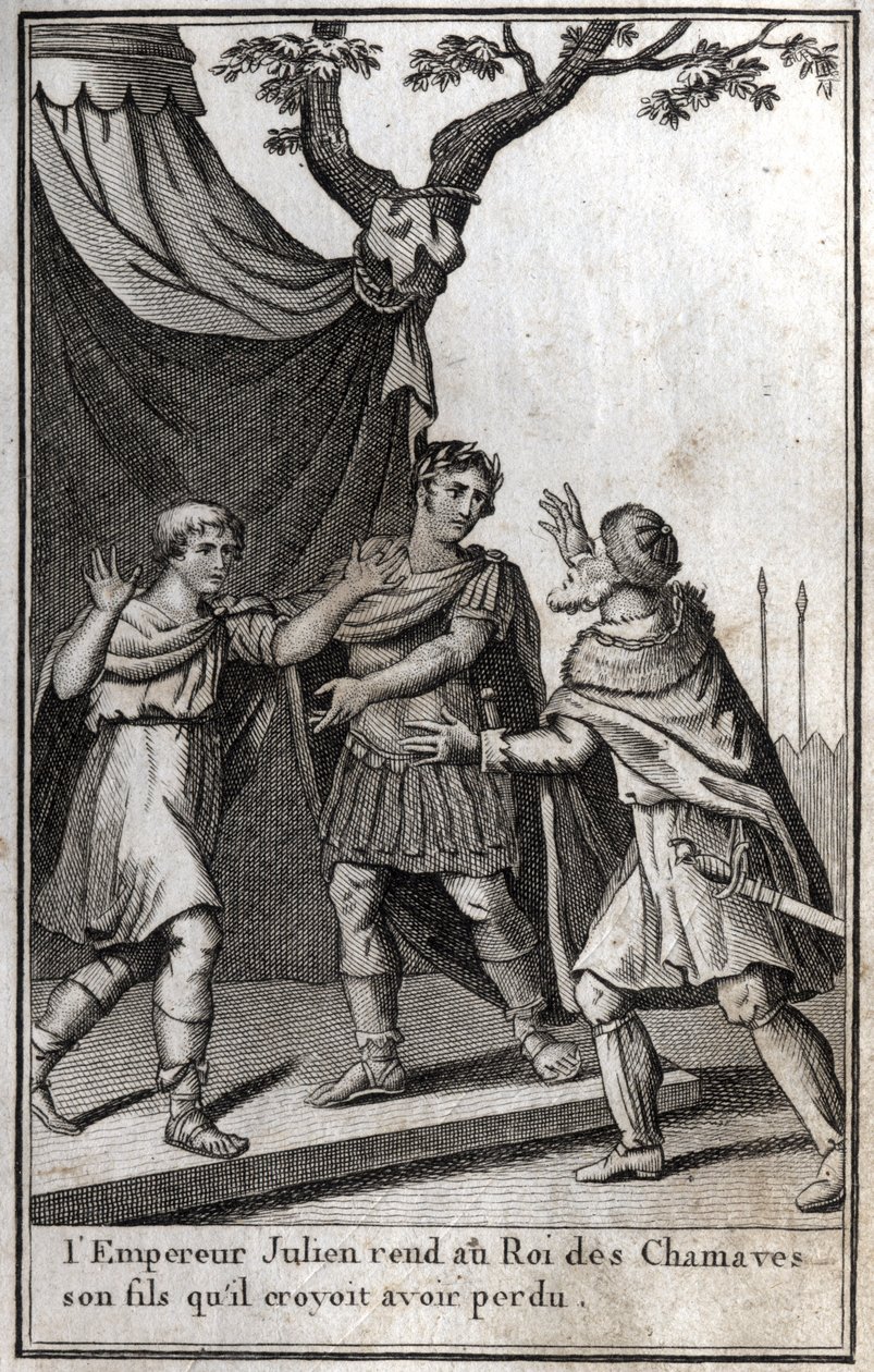 Den romerske keiseren Julian (Flavius Claudius Julianus, Julian the Apostate, Julian the Philosopher, Julian II) (332-363) gir tilbake til kongen av det germanske folket i Chamaves sønnen som han trodde han hadde mistet. 4. århundre. Gravering i «Beaute de av Unknown artist