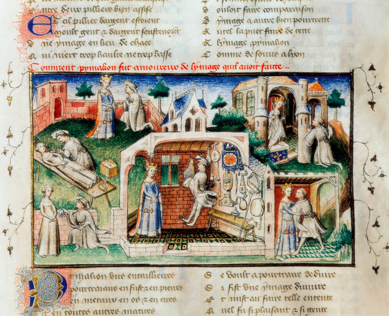 "" The Roman of the Rose "": "" Hvordan Pygmalion ble forelsket i statuen han hadde laget "". Miniatyr fra 1300-tallet. Bibliotek ved universitetet i Valencia. av Unknown artist