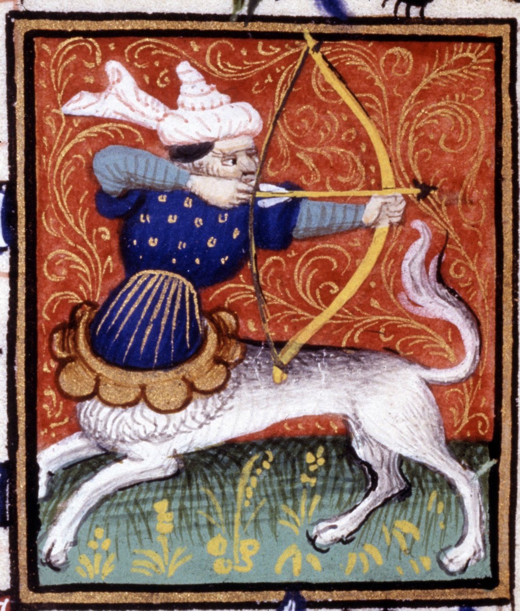Skytten. Miniatyr av et horoskop. 1400-talls manuskript. Bibl. Trivulziana, Milano. av Unknown artist
