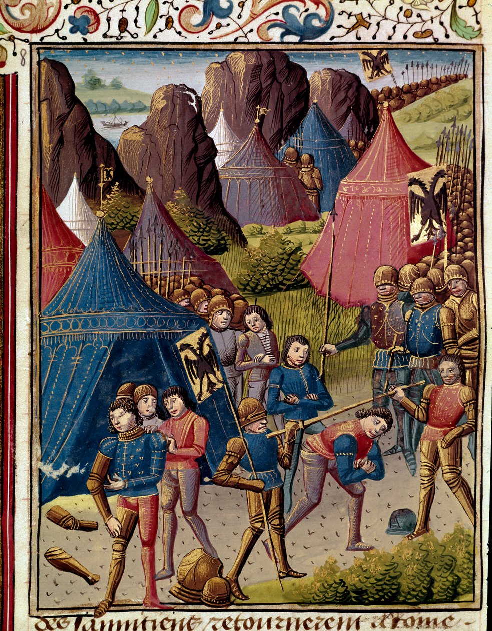 Samnittene går til romernes miniatyr fra "" Roman History"" (Ad urbe condita) av Tite Live (59 f.Kr.-17 e.Kr.) (Titus Livius), oversatt av Pierre Bressuire (ms. 310) 1450-1500 Chantilly, Musee Conde av Unknown artist