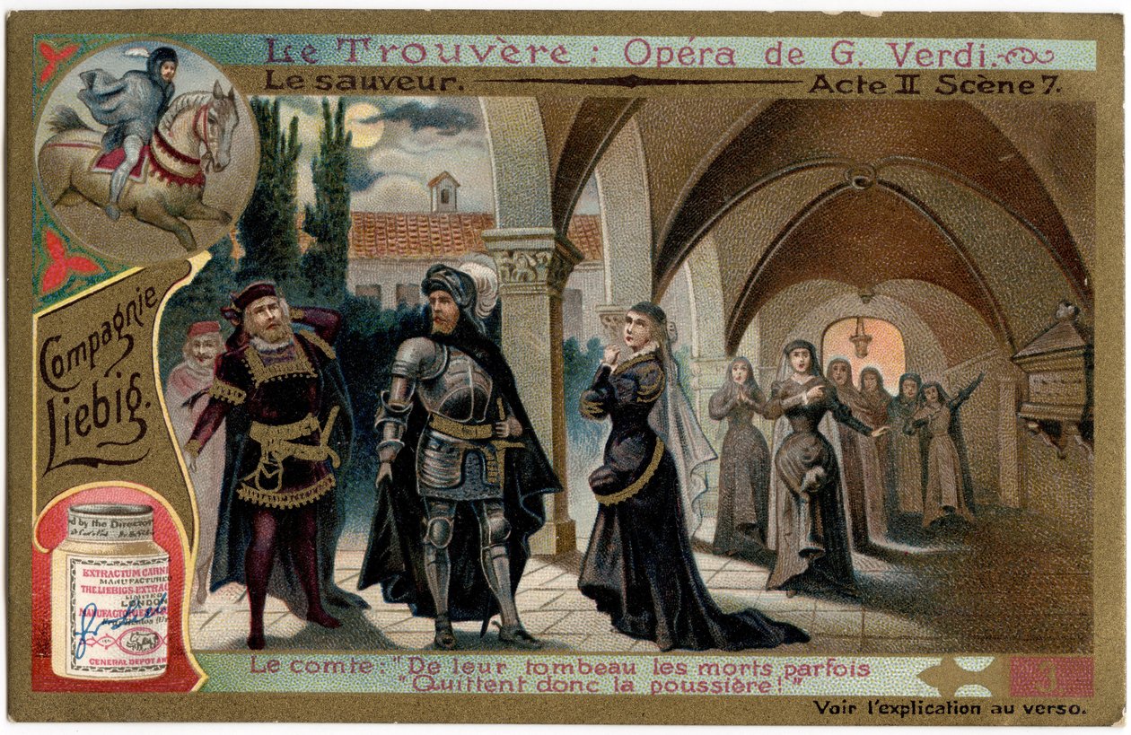 Save Act II-scenen 7. Illustrasjon til operaen "" Funnet"" (Il trovatore) av Giuseppe Verdi (1813-1901). Kromolitografi (Chromo) Liebig fra slutten av 1800-tallet. av Unknown artist