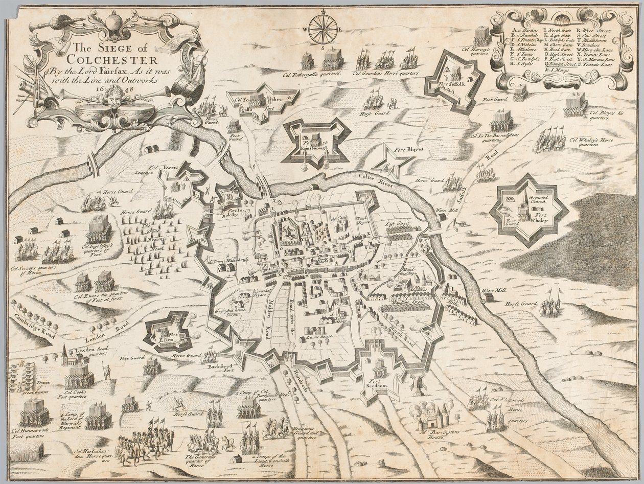 The Siege of Colchester av Lord Fairfax, slik det var med linjen og utbyggene 1648 (gravering) av Unknown artist