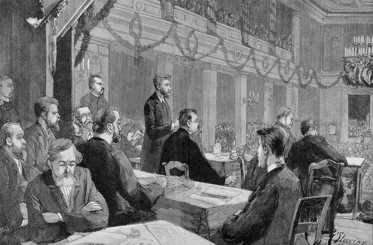 Den sosialistiske kongressen i Halle (Sachsen) i 1890 i nærvær av August Bebel, gravering av 1890. av Unknown artist