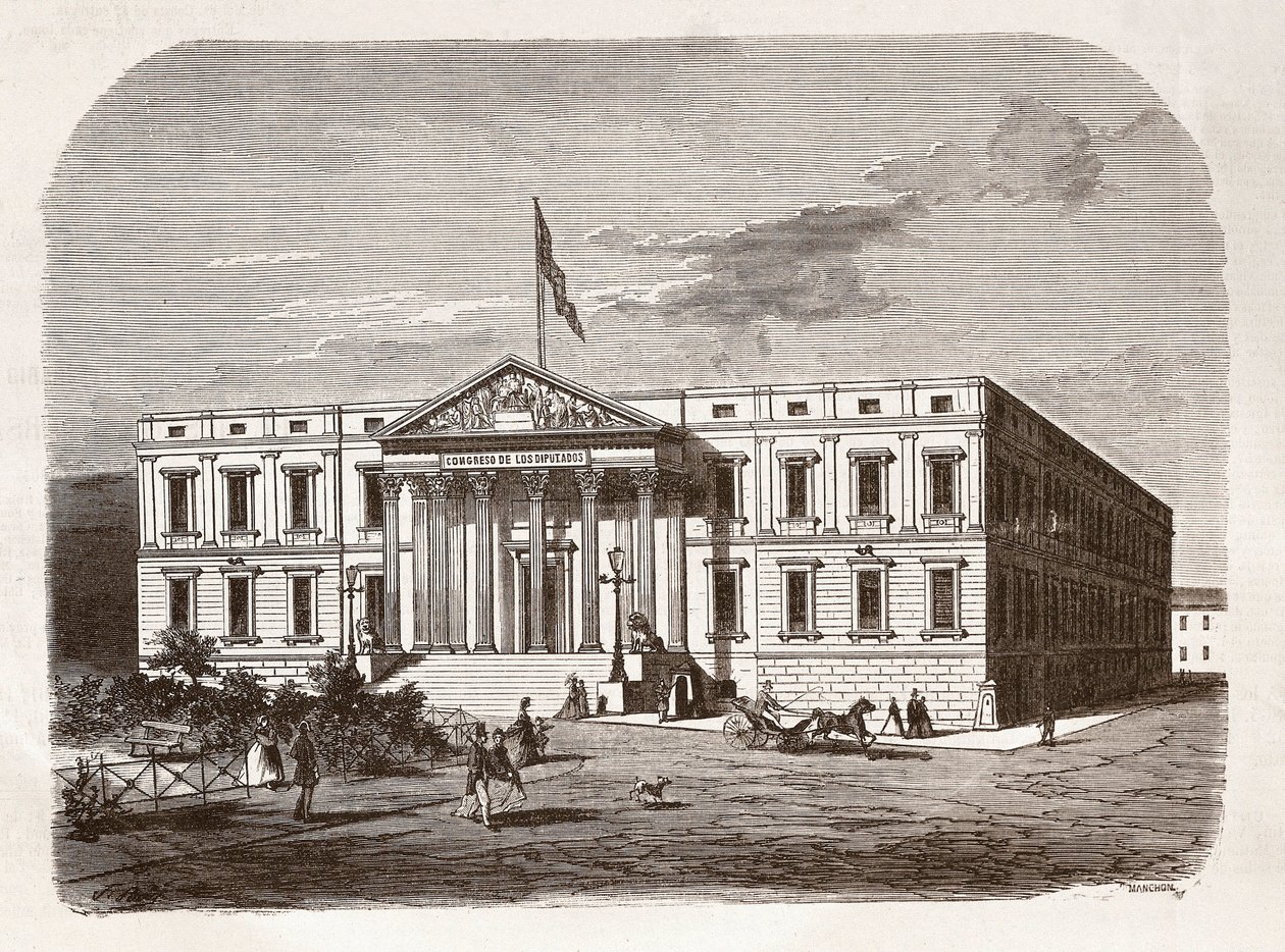 Det spanske parlamentet (Congresso de los diputados), Madrid. Gravering 1800-tallet. av Unknown artist