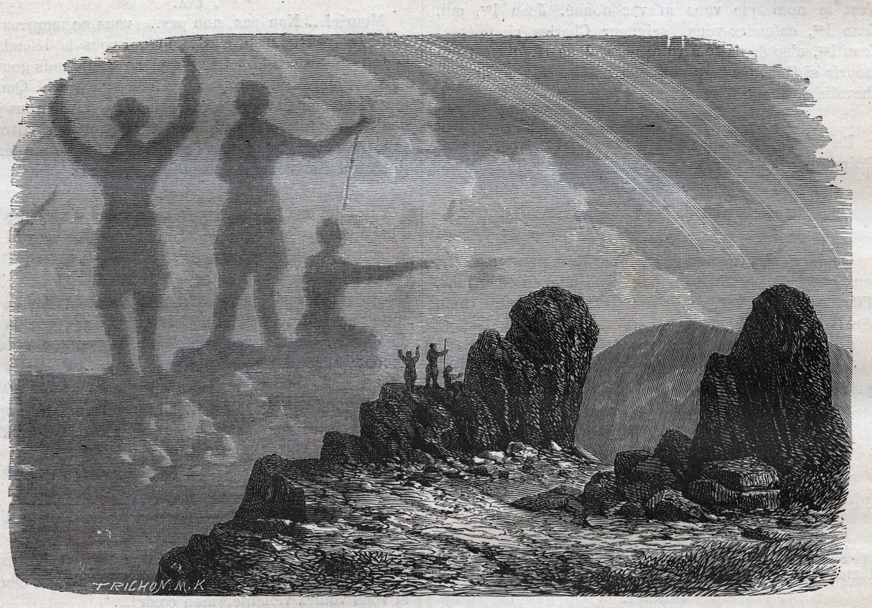 The Spectre of the Brocken in the Harz Mountains - Brocken spectrum eller Brocken spectrum - gravering fra 1877 av Unknown artist