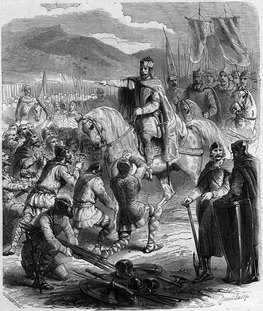 Saksernes underkastelse i 785 - Gallias historie i middelalderen: Sakserne i Germania kneler foran kong Charlemagne (742 - 814) vinner av krigene - Gravering i "Histoire De France En Hundred Paintings av Paul Lehugeur" 1891 av Unknown artist