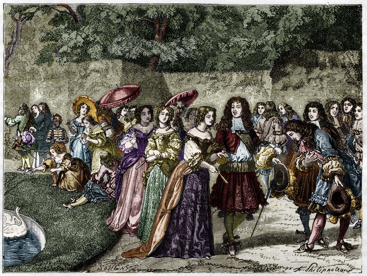 Solkongen (Louis XIV i hagene til Versailles omgir gårdsplassen hans). Gravering fra 1800-tallet. av Unknown artist