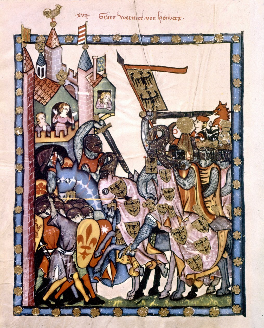 Den sveitsiske poeten og ridderen Graf Werner von Homberg (1284-1320) i tjeneste for keiser Henry VII beleiret en høyborg forsvart av Angevine-troppene på Sicilia. Miniatyr av Codex "Manesse", eller "Manessesche Liederhandschrift", som er et manuskript av Unknown artist