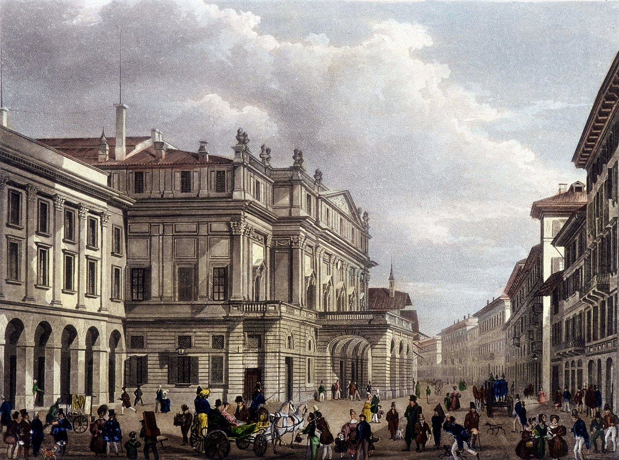 Teatro alla Scala i Milano på begynnelsen av 1800-tallet. Gravering av perioden. Museo della Scala de Milan av Unknown artist