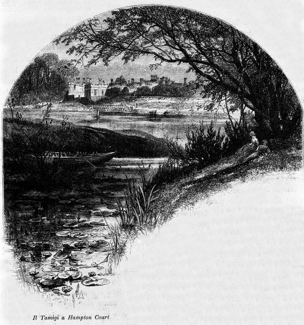 Themsen ved Hampton Court: Hampton Court Palace, tidligere residens til kong Henry VIII av England. Gravering av 1800-tallet. av Unknown artist