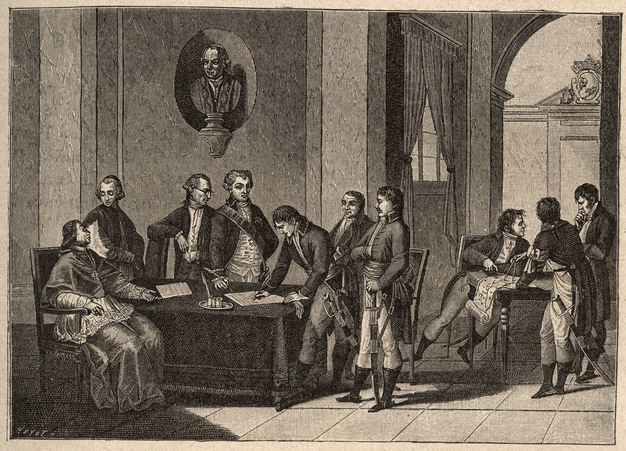 The Tolentino Treaty or Tolentino Peace is a peace treaty signed on 19 February 1797 in Tolentino, Italy, between France and the Pontifical States. (Between General Bonaparte and Pope Pius (Pio or Pius) VI (1717-1799). The Pope renounces himself to Avignon av Unknown artist