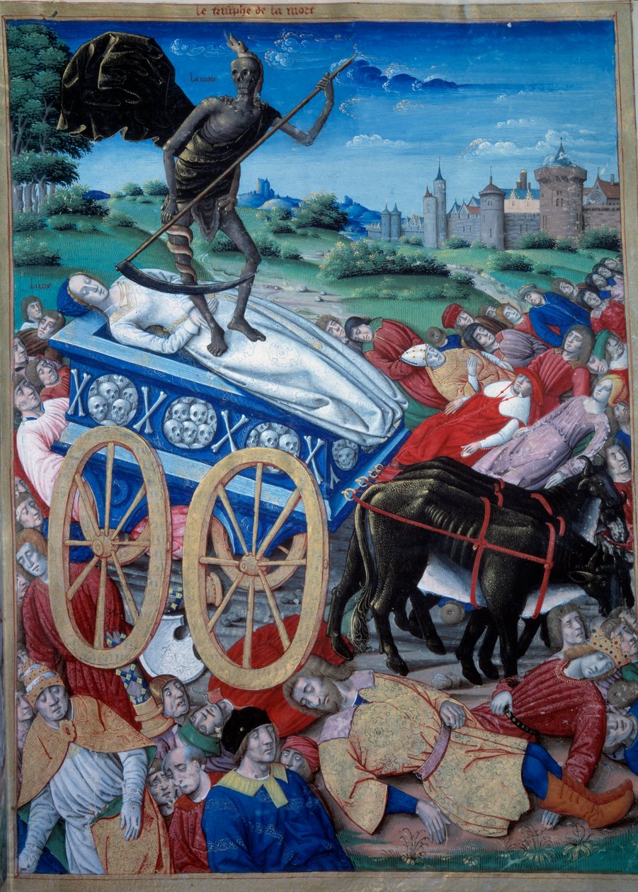 Dødens triumf. Allegorisk fremstilling av Døden med en falsk på et stikk, lik ligger på bakken. Miniatyr fra «Triumfer, sonetter og sanger» av Petrarch (Francesco Petrarca av Unknown artist