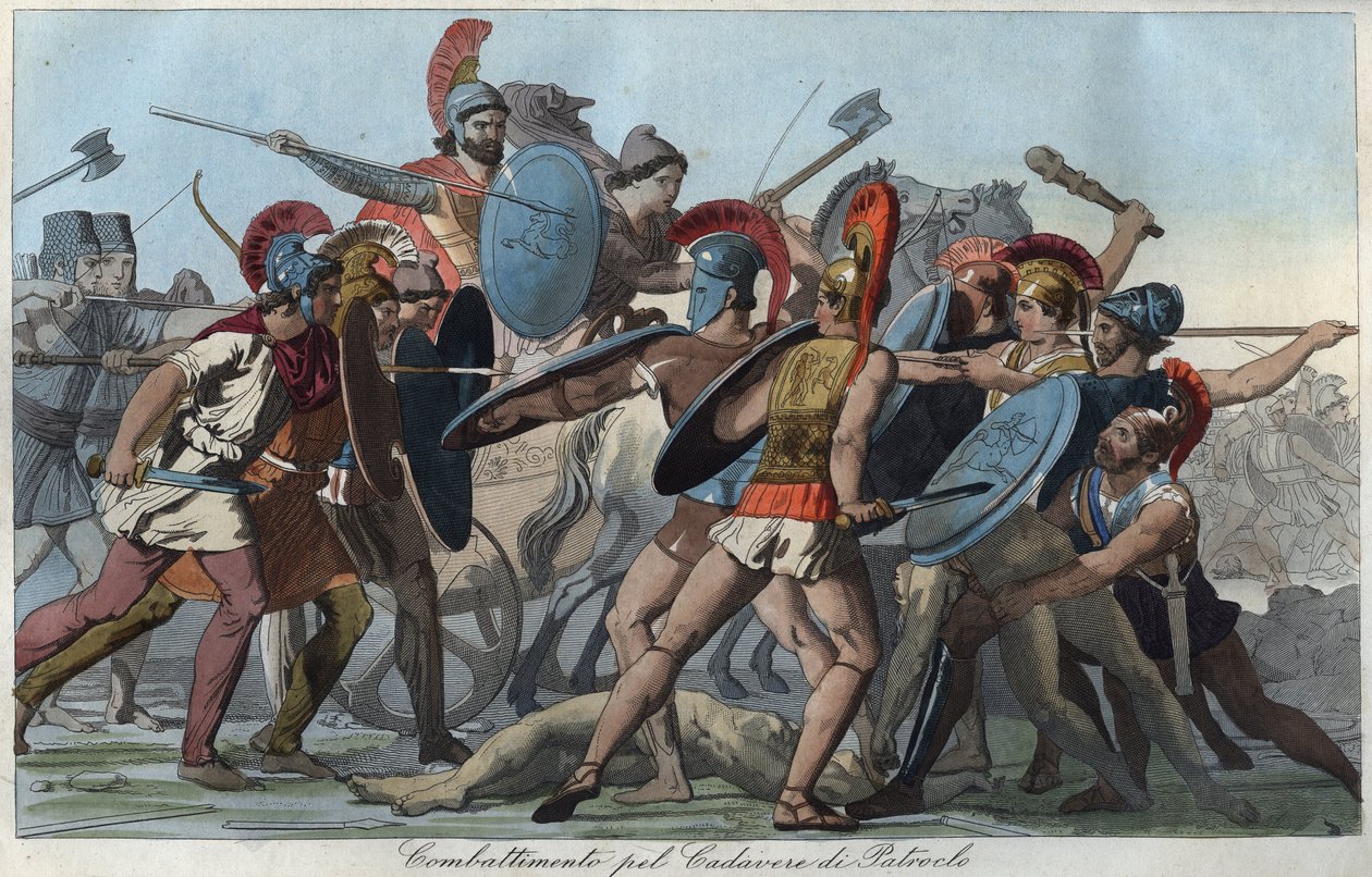 Den trojanske krigen - Kamp om kroppen til Patroclus - gravering fra "" Skikker og skikker til alle folkeslag i universet. Det vil si historien om regjeringen, lovene, militsen, om religionen til alle nasjoner fra de fjerneste tider til i dag "18 av Unknown artist