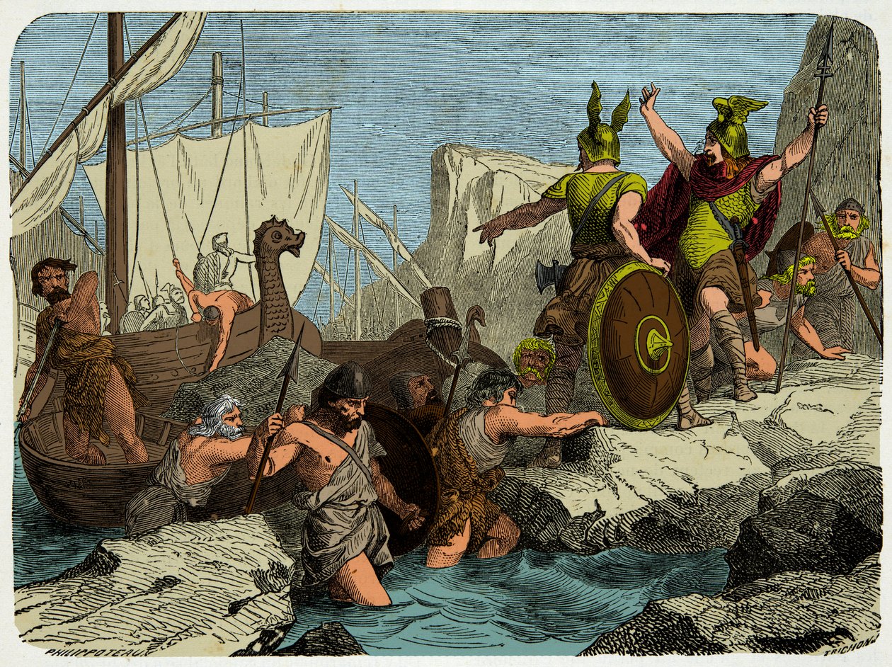 Vikingene legger ut på den franske kysten i 911, gravering fra 1800-tallet av Unknown artist