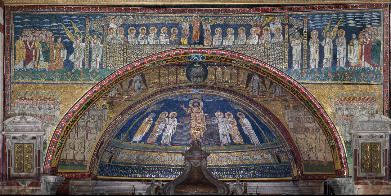 Visjonen om det himmelske Jerusalem: De utvalgte blir ønsket velkommen av englene. Nedenfor, Guds lam. Detalj. Mosaikk rundt 830. Triumfbuen til basilikaen Santa Prassede, Roma av Unknown artist