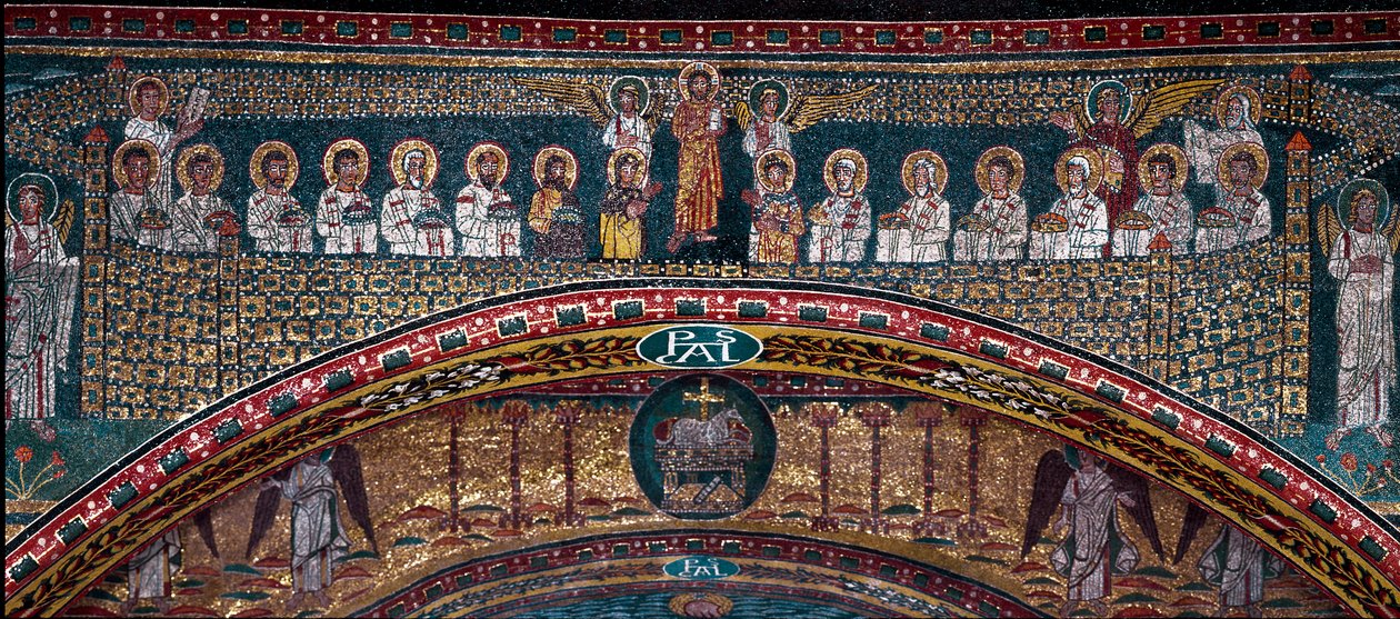 Visjonen om det himmelske Jerusalem: De utvalgte blir ønsket velkommen av englene. Nedenfor, Guds lam. Detalj. Mosaikk rundt 830. Triumfbuen til basilikaen Santa Prassede, Roma av Unknown artist