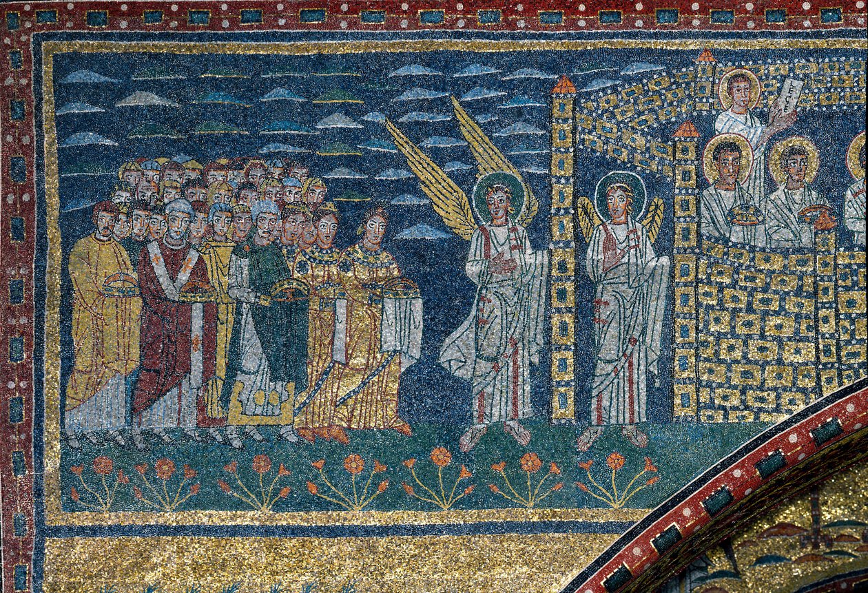 The Vision of Celestial Jerusalem: De utvalgte beveger seg mot byen bevoktet av engler. Detalj. Mosaikk rundt 830. Triumfbuen til basilikaen Santa Prassede, Roma av Unknown artist