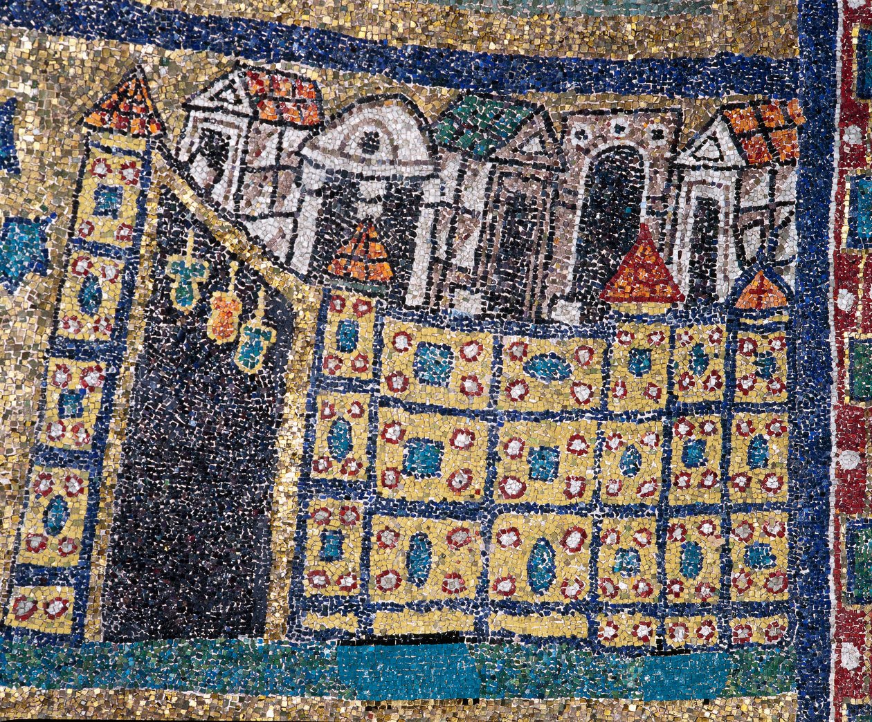 The Vision of Celestial Jerusalem: detalj av Jerusalem representert i befestet sitat. Mosaikk rundt 830. Triumfbuen til basilikaen Santa Prassede, Roma av Unknown artist