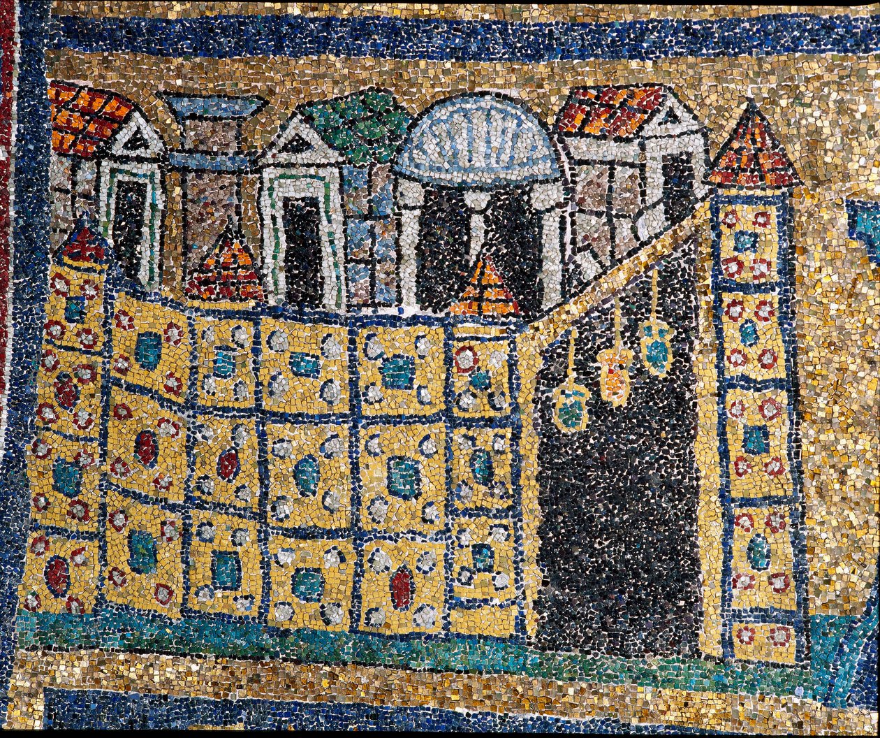 The Vision of Celestial Jerusalem: detalj av Jerusalem representert i befestet sitat. Mosaikk rundt 830. Triumfbuen til basilikaen Santa Prassede, Roma av Unknown artist