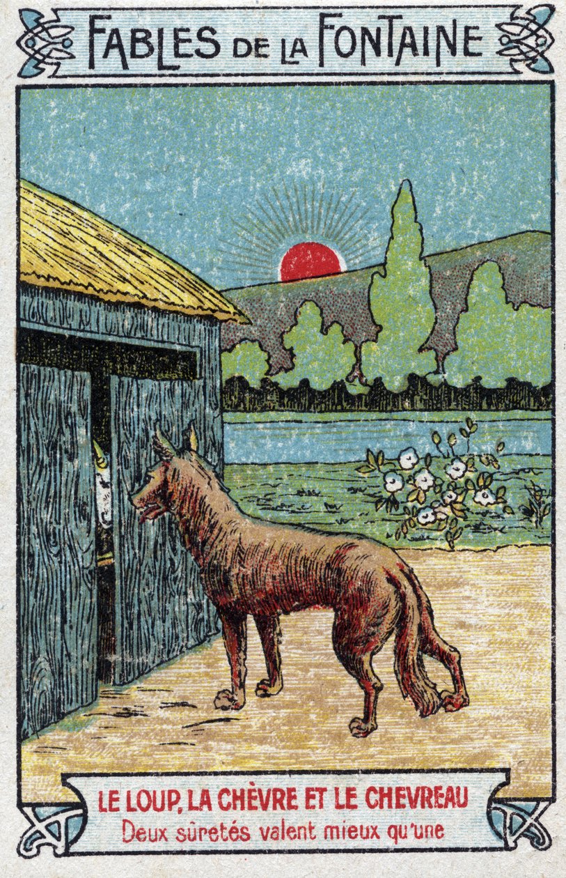 The Wolf, the Cheve and the Goat - Fables by Jean de La Fontaine (1621-95) - Chromolithography of the end of the 19th century Private Collection av Unknown artist
