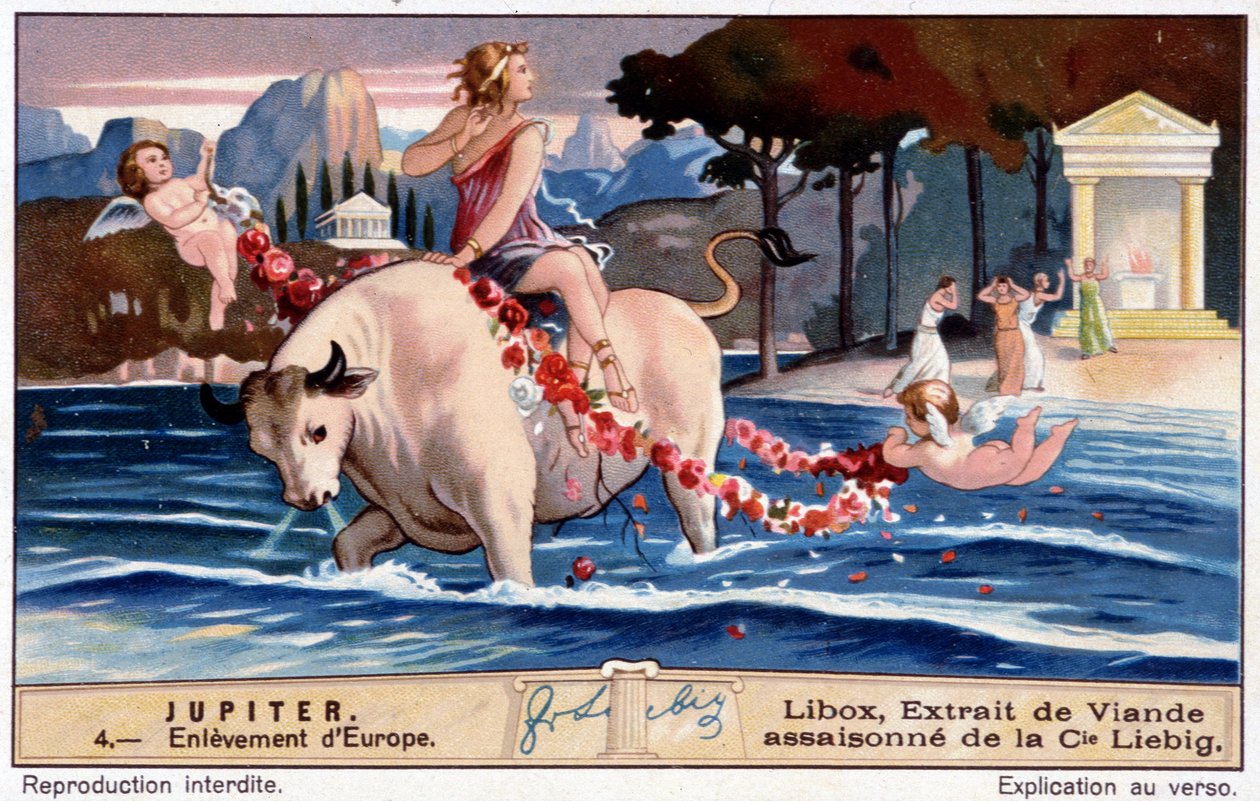 Bortføringen av Europa av Jupiter, ser ut som en hvit okse - Libox-kromolitografi, produsert Liebig av Unknown artist