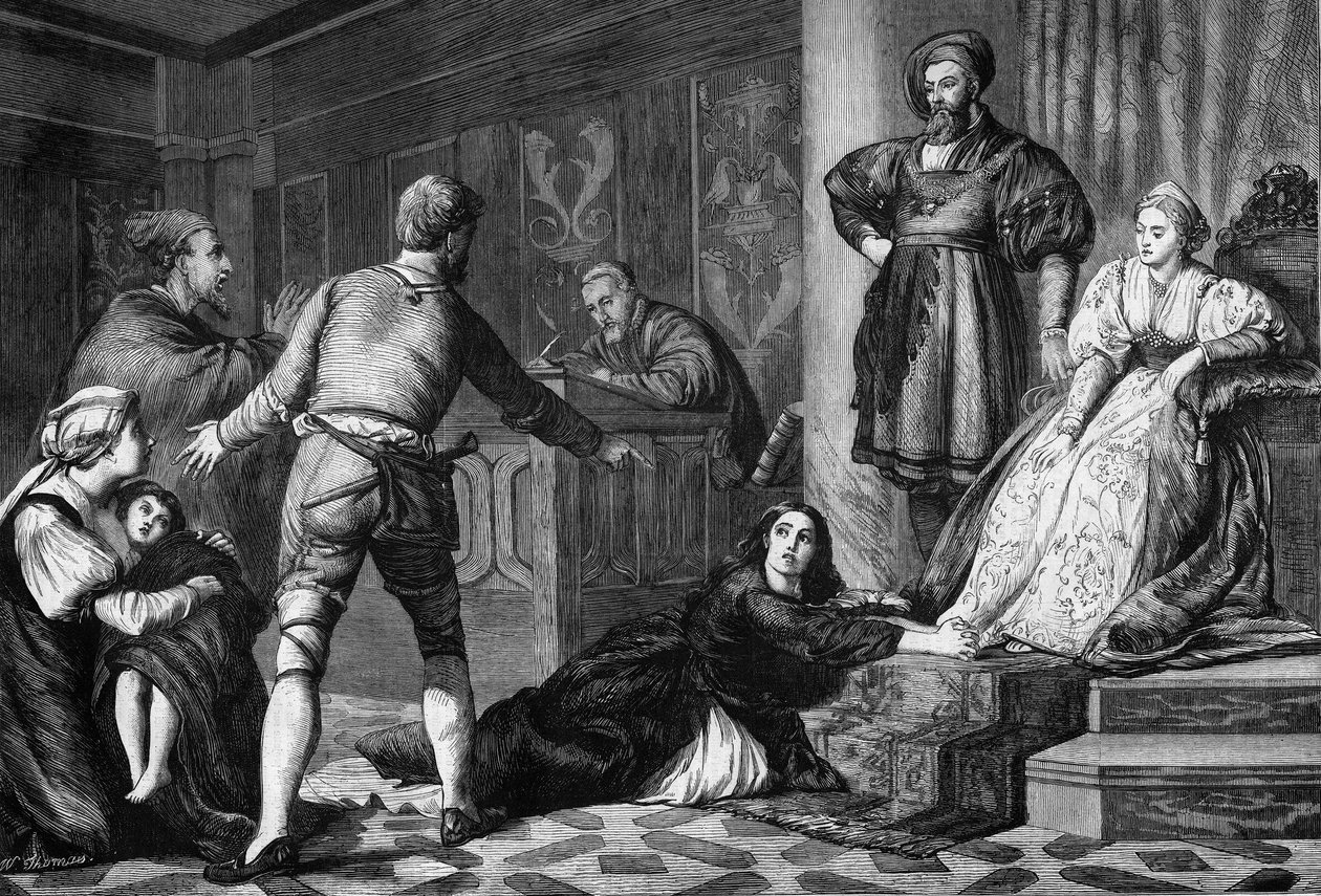 The accused Jew. Heresie in the 15th century: trial of a Jewish woman accused of witchcraft on a sick child. Engraving after Hogson