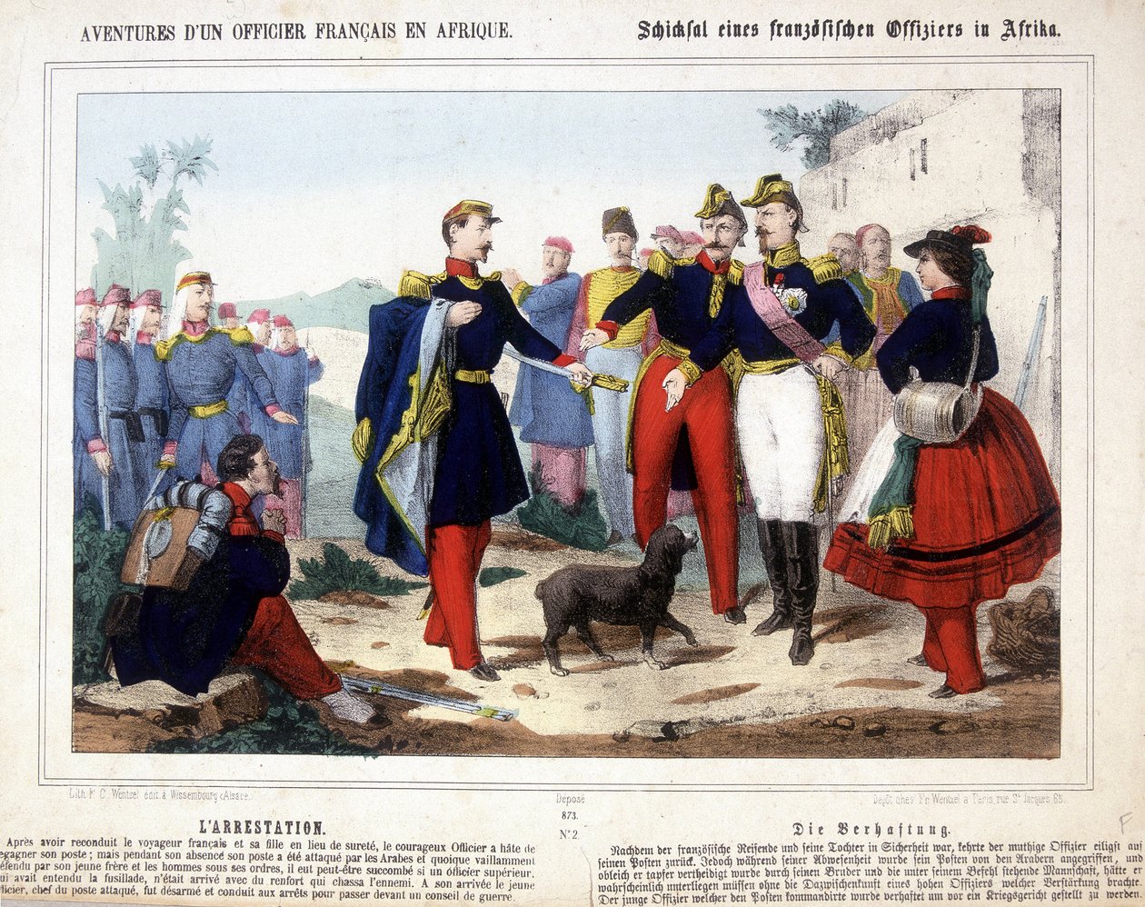 Eventyrene til en fransk offiser i Afrika. Den unge offiseren, lederen av en post som ble angrepet av araberne, ble avvæpnet og bragt til arrestasjon for et krigsråd. av Unknown artist