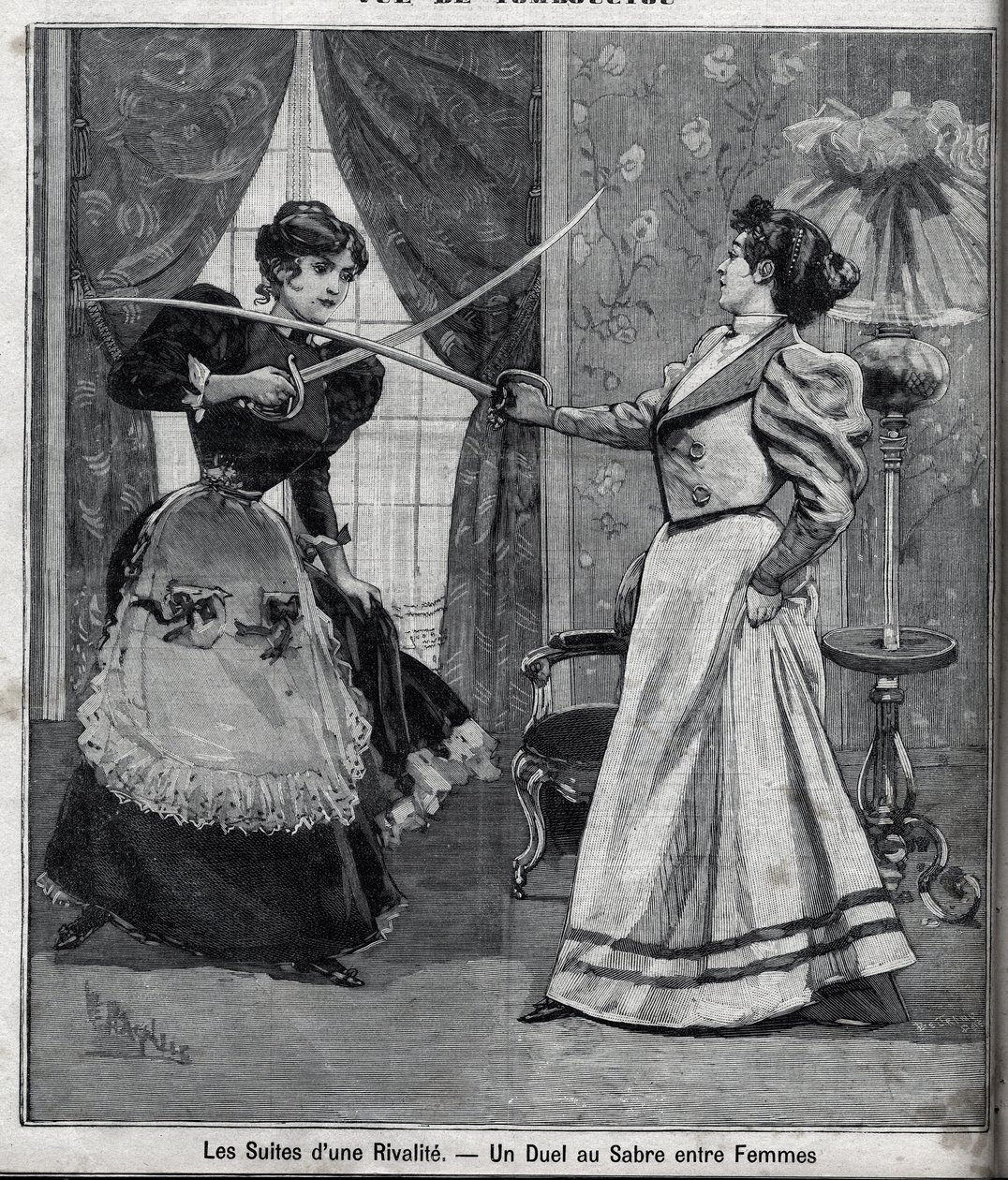 The aftermath of a rivalry: a sword duel between women. Engraving in “” Le Parisien”” av Unknown artist