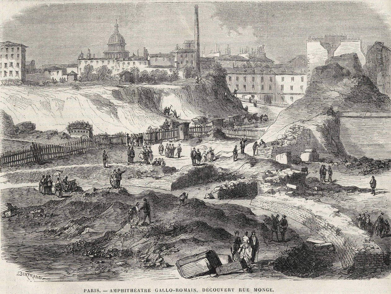 The amphiteatrist Gallo Romain discovered at Rue Monge in Paris in 1870, today the Arenes de Lutèce. Engraving of the 19th century. av Unknown artist