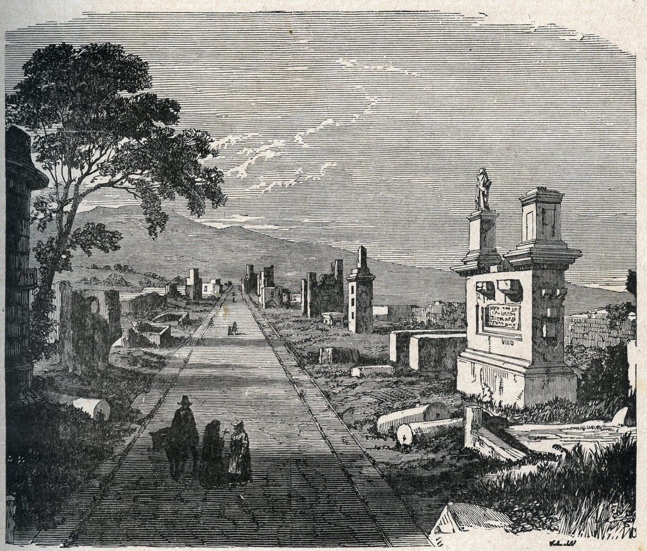 Den gamle Appia-ruten, via appia som krysser pontinsmyrene (Agro pontino) nær Roma. Gravering fra 1800-tallet. av Unknown artist