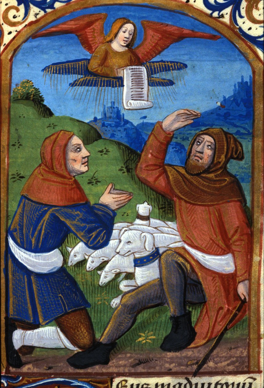 Engelen kunngjør for gjeterne Jesu fødsel. 1400-talls manuskript. Biblioteca Nazionale Braidense, Milano av Unknown artist
