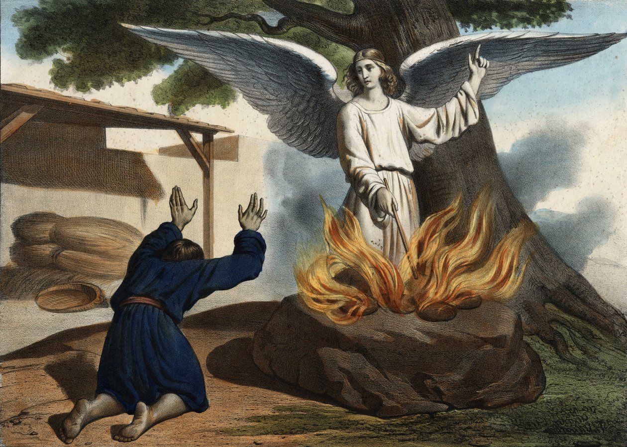 The angel appearing at Gideon (Gideon) to liberate the people of Israel from the occupation of the Madianites. Anonymous engraving from the middle of the 19th century. av Unknown artist